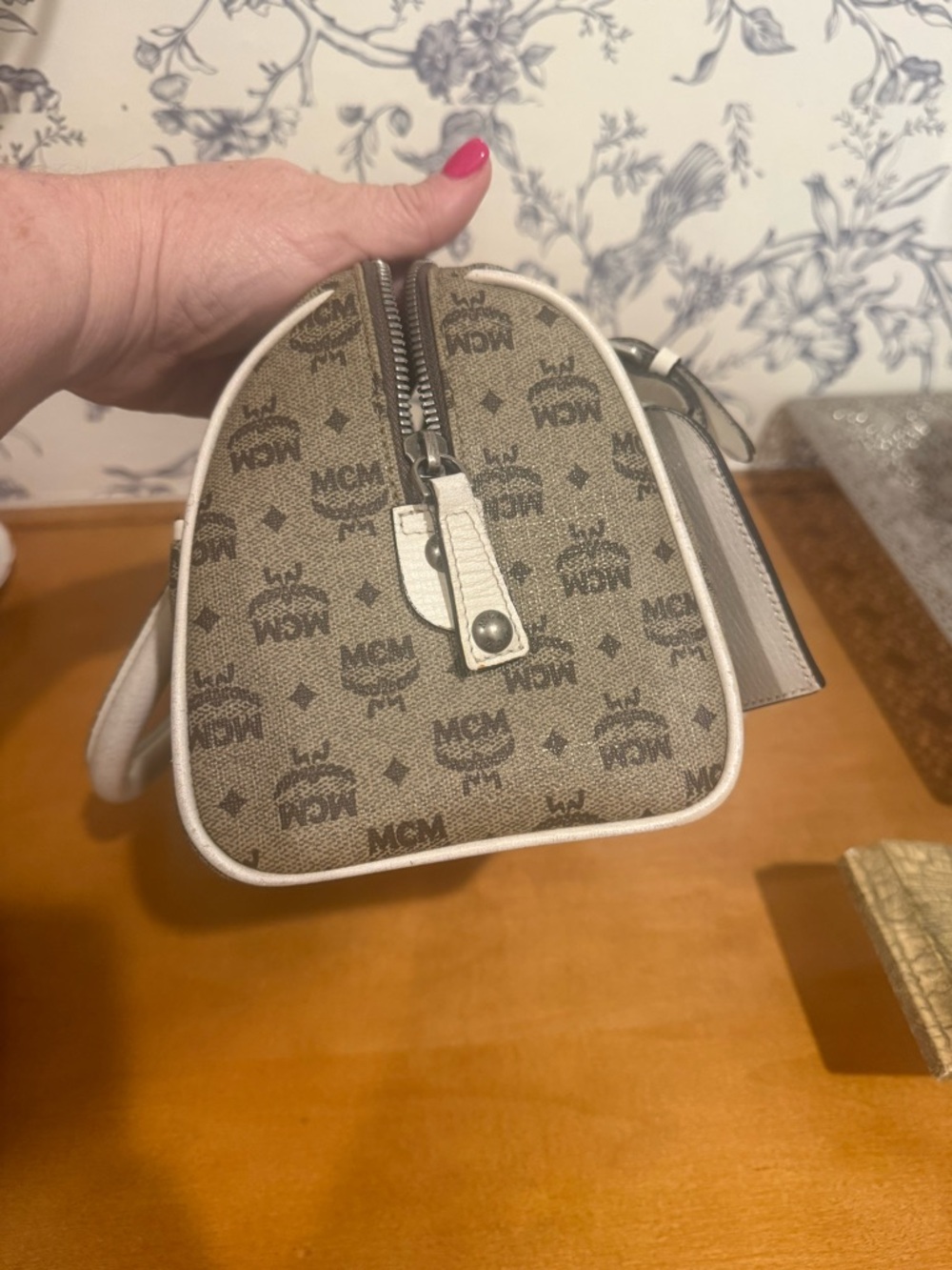 MCM Beige Monogram Mini Satchel with White Trim - Picture 3 of 10
